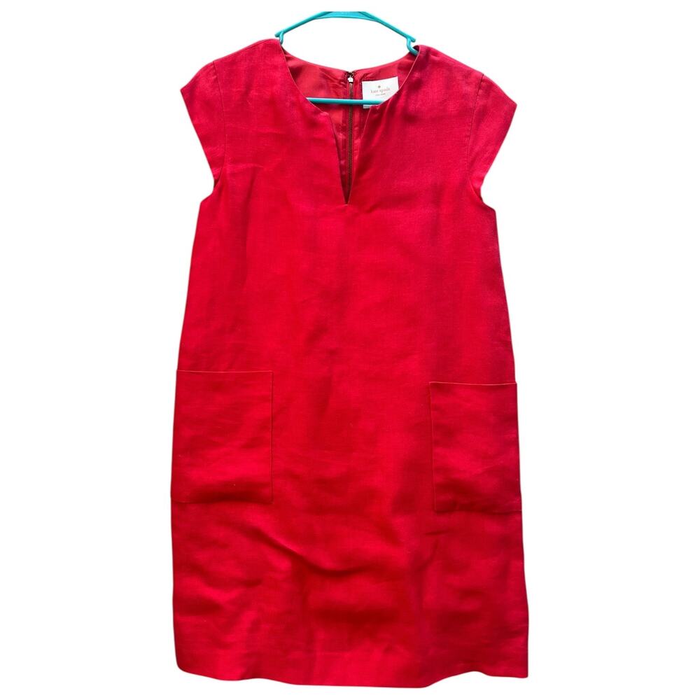 Kate Spade Red Linen Dress Cap Sleeve V-Neck Back Zip Lined Front Pockets Size 6